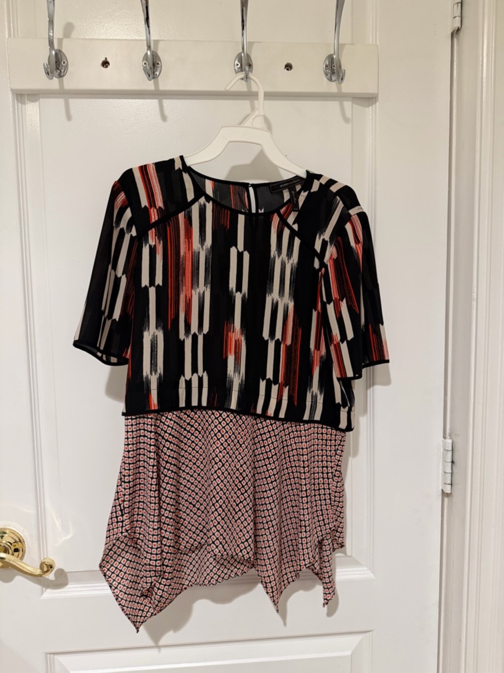 BCBGMaxAzria Black, White & Red Mixed-Print Layered Top